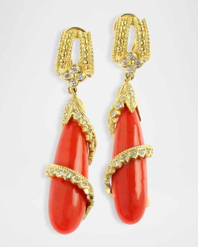 18K Yellow Gold 30x8mm Coral Drop Earrings with Diamonds